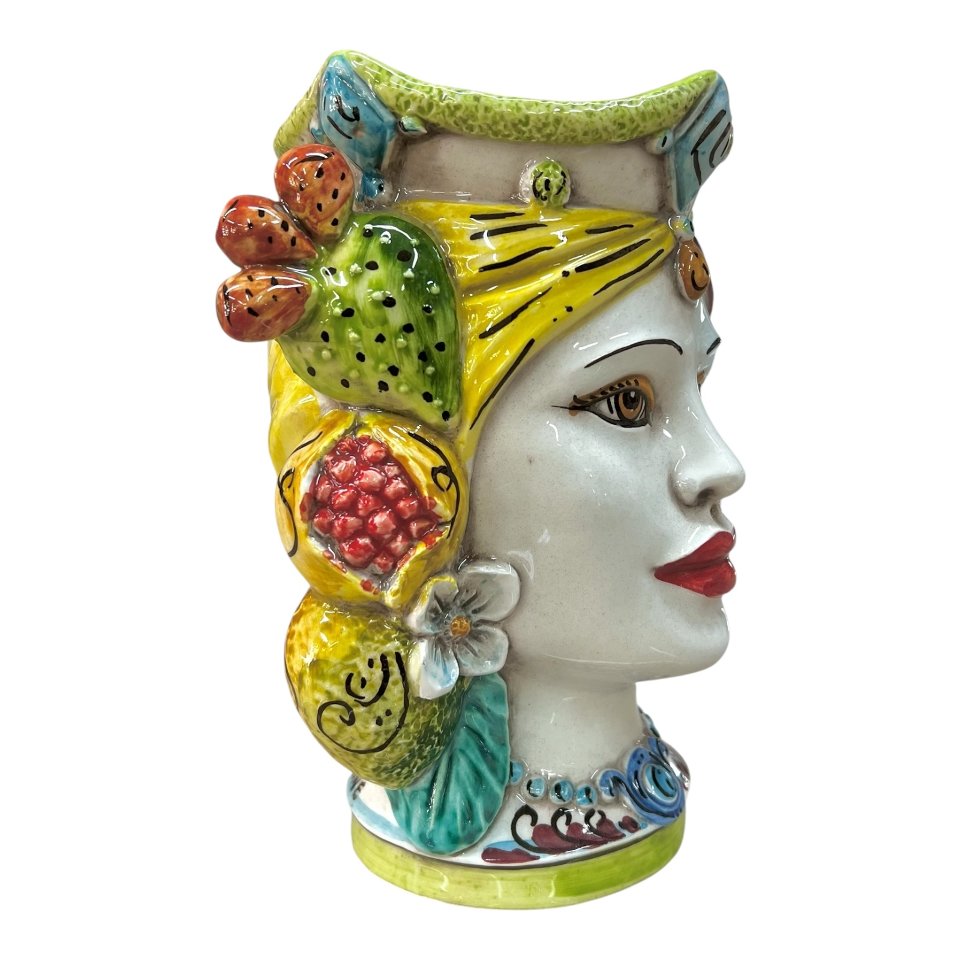 Testa di moro donna con frutta e fichi d’india in ceramica siciliana Produzione artigianale di Caltagirone h.20cm