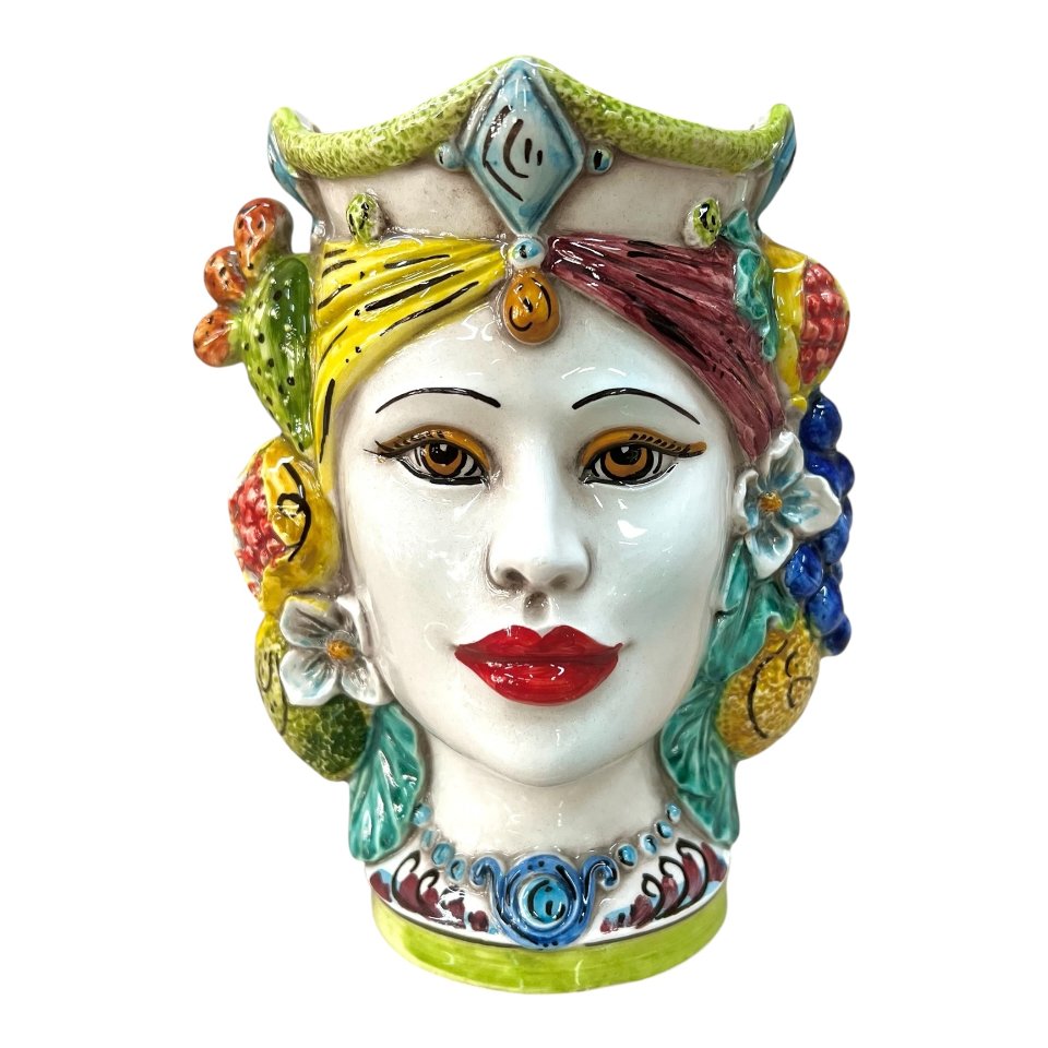 Testa di moro donna con frutta e fichi d’india in ceramica siciliana Produzione artigianale di Caltagirone h.20cm