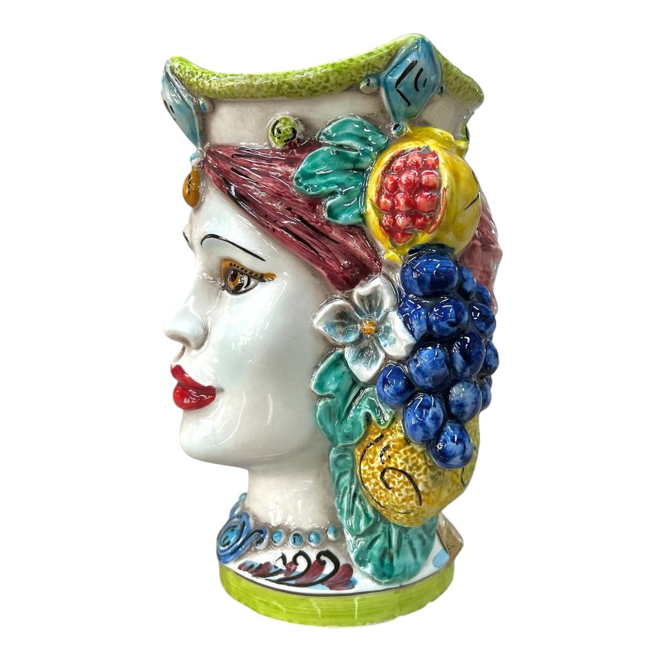 Testa di moro donna con frutta e fichi d’india in ceramica siciliana Produzione artigianale di Caltagirone h.20cm