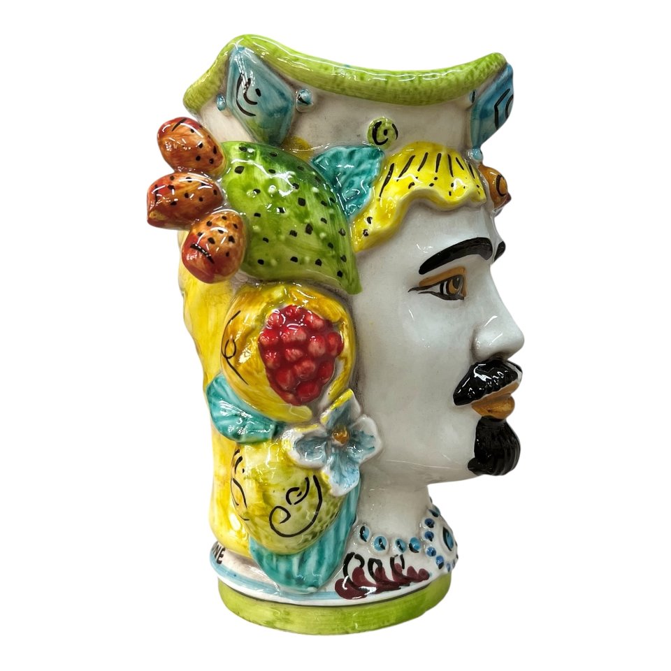 Testa di moro uomo con frutta e fichi d’india in ceramica siciliana Produzione artigianale di Caltagirone h.20cm