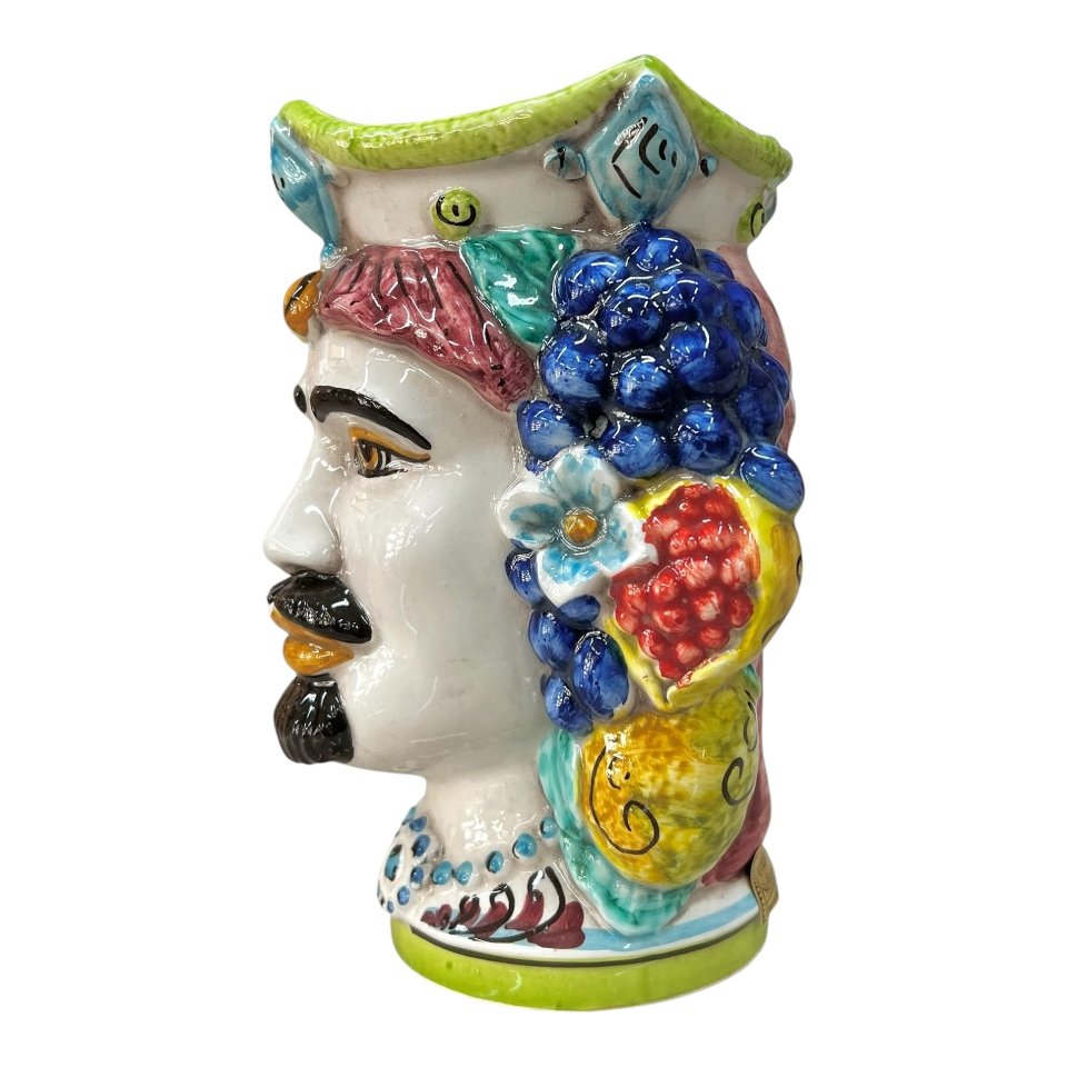 Testa di moro uomo con frutta e fichi d’india in ceramica siciliana Produzione artigianale di Caltagirone h.20cm