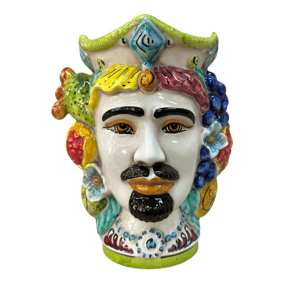 Testa di moro uomo con frutta e fichi d’india in ceramica siciliana Produzione artigianale di Caltagirone h.20cm