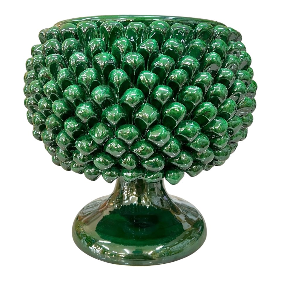 Mezzapigna portavaso decoro verde in ceramica siciliana Produzione artigianale di Caltagirone h.30cm