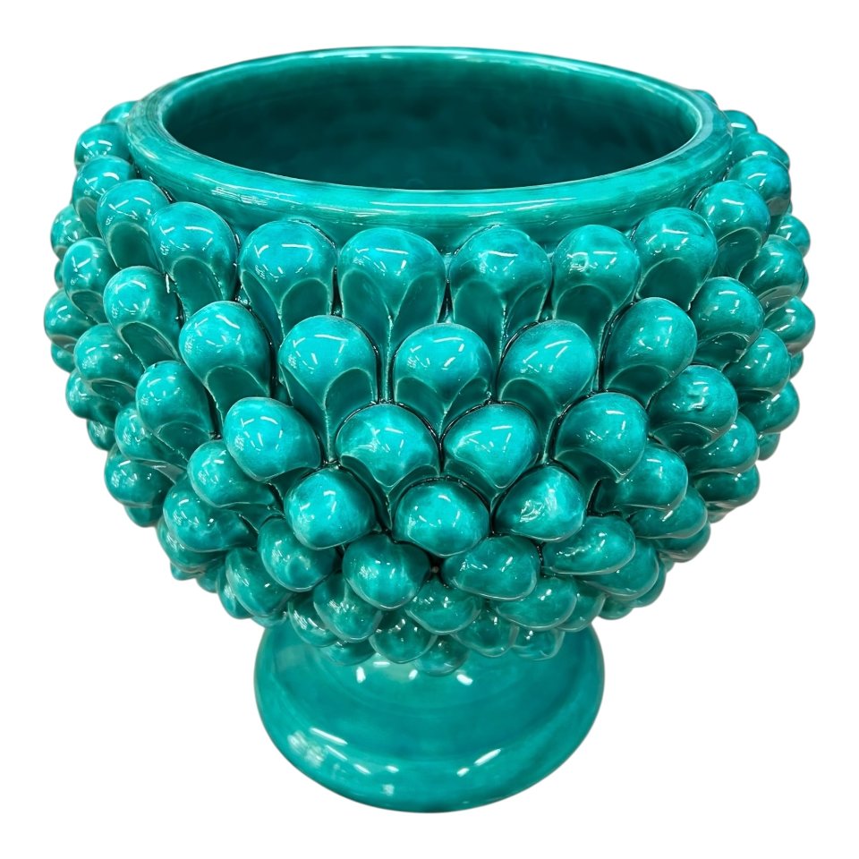 Mezzapigna portavaso decoro verde acqua in ceramica siciliana Produzione artigianale di Caltagirone h.25 cm