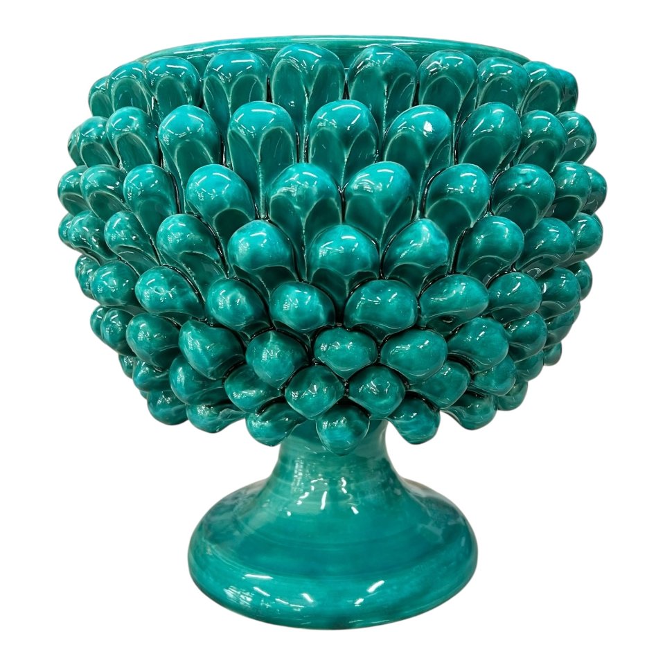 Mezzapigna portavaso decoro verde acqua in ceramica siciliana Produzione artigianale di Caltagirone h.25 cm