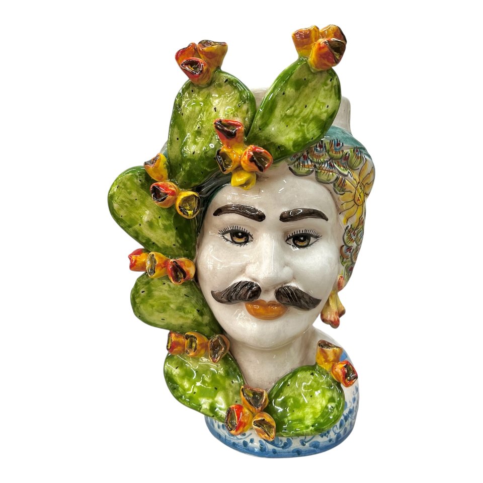 Teste di moro coppia in ceramica siciliana decoro con fichi d’india Produzione artigianale di Caltagirone h.30cm