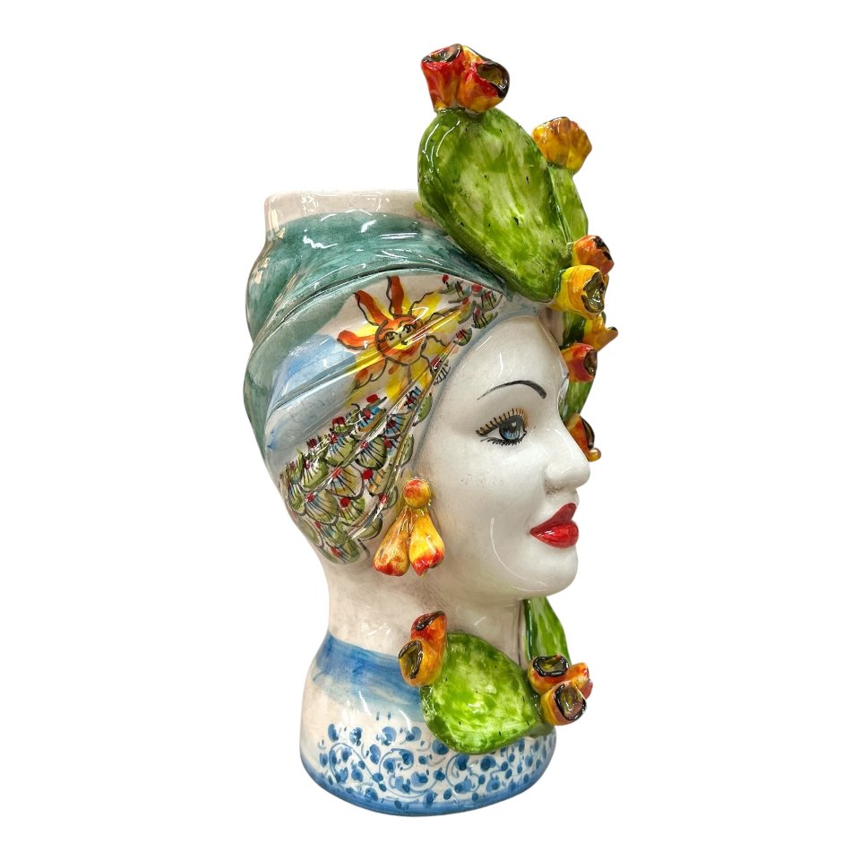 Teste di moro coppia in ceramica siciliana decoro con fichi d’india Produzione artigianale di Caltagirone h.30cm