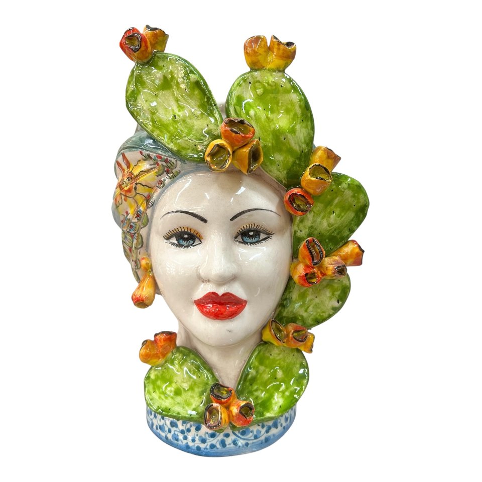 Teste di moro coppia in ceramica siciliana decoro con fichi d’india Produzione artigianale di Caltagirone h.30cm