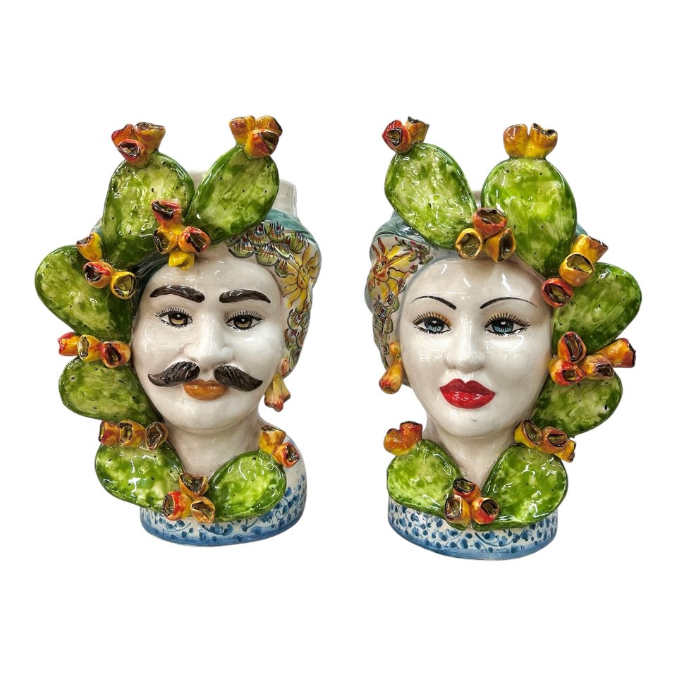 Teste di moro coppia in ceramica siciliana decoro con fichi d’india Produzione artigianale di Caltagirone h.30cm