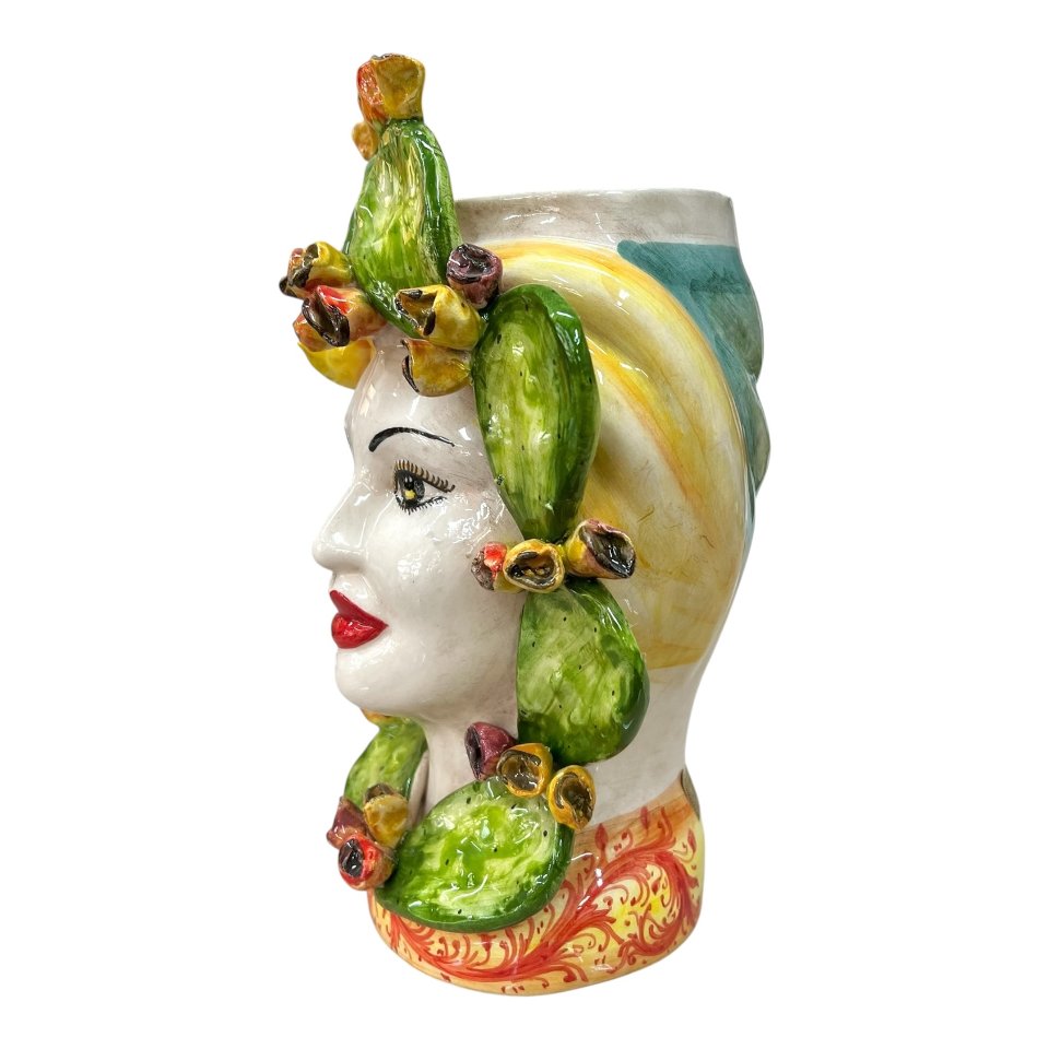 Teste di moro coppia con fichi d’india e limoni in ceramica siciliana Produzione artigianale di Caltagirone h.30cm