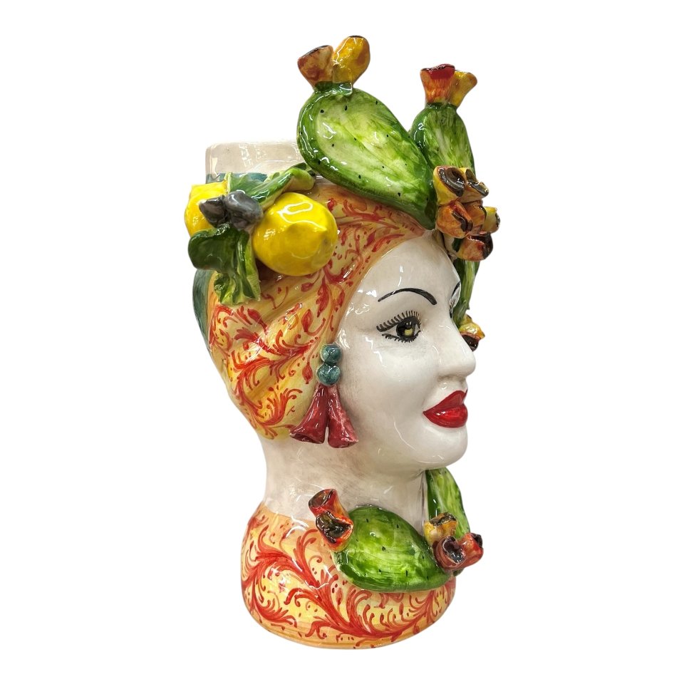 Teste di moro coppia con fichi d’india e limoni in ceramica siciliana Produzione artigianale di Caltagirone h.30cm