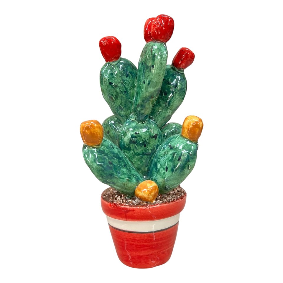 Pianta fico d’india in ceramica siciliana vaso rosso Produzione artigianale di Caltagirone h.17 cm