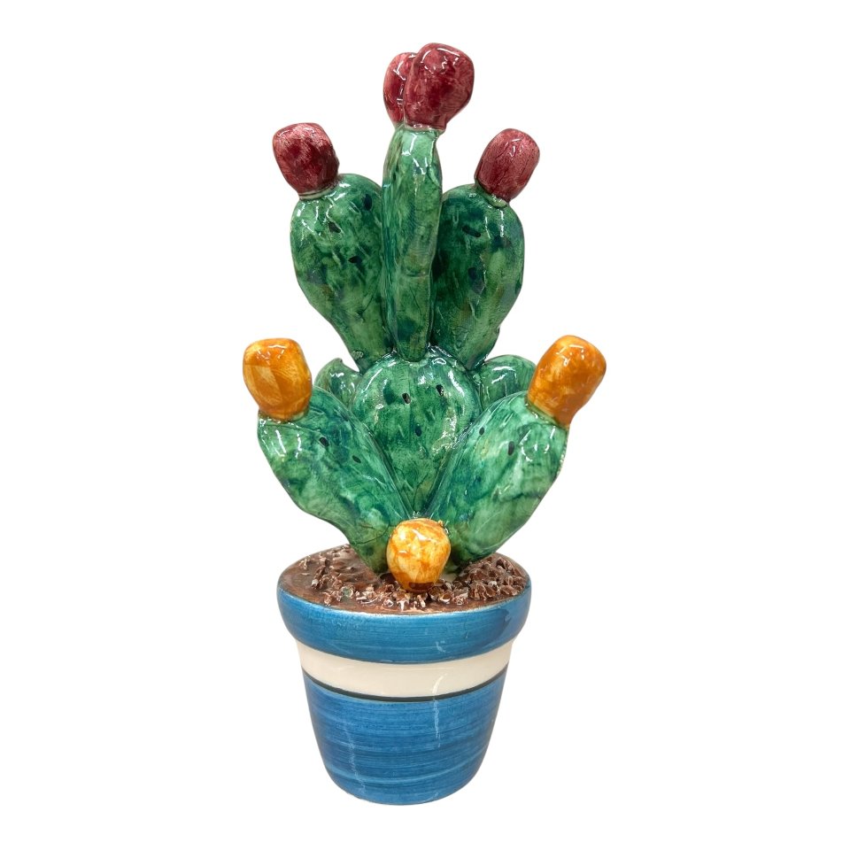 Pianta fico d’india in ceramica siciliana vaso blu Produzione artigianale di Caltagirone h.17 cm