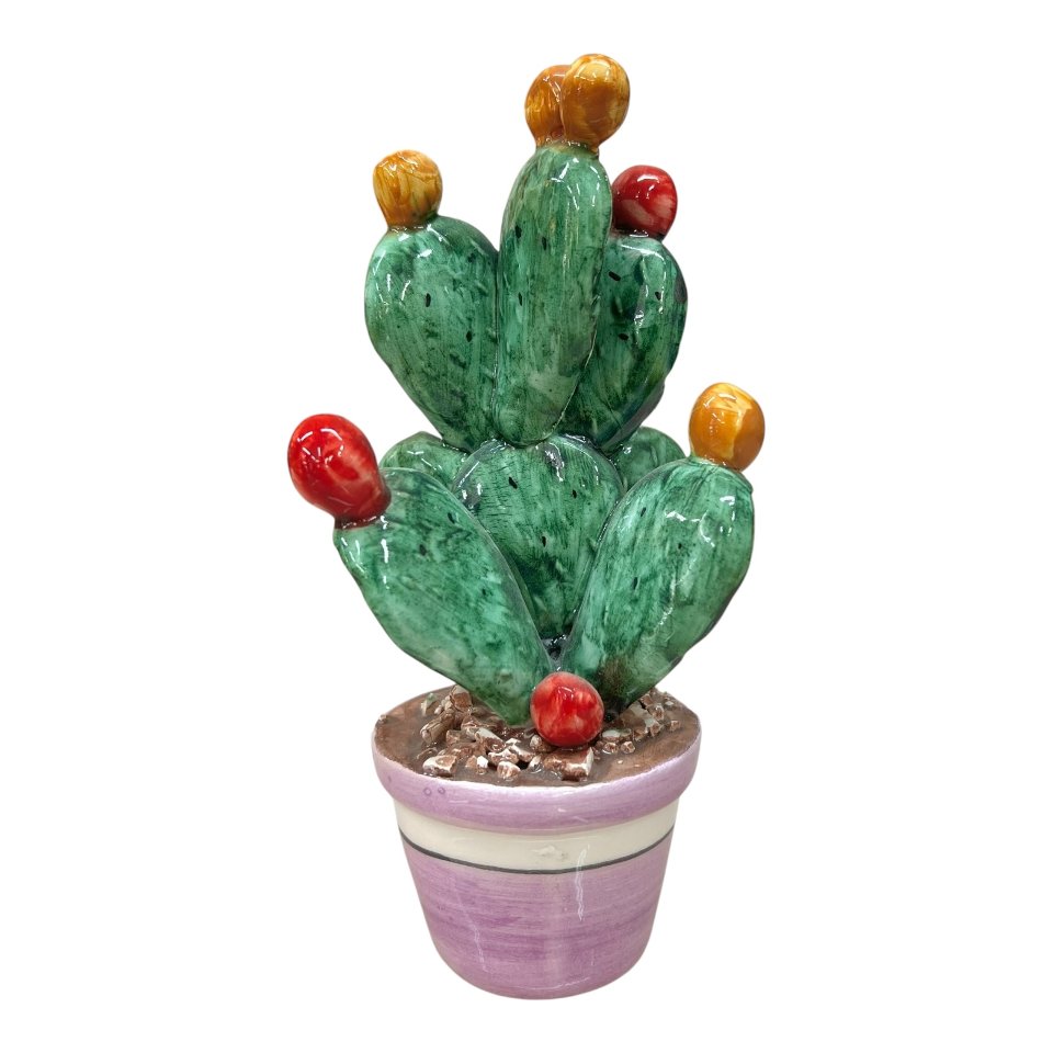Pianta fico d’india in ceramica siciliana vaso lilla Produzione artigianale di Caltagirone h.17 cm