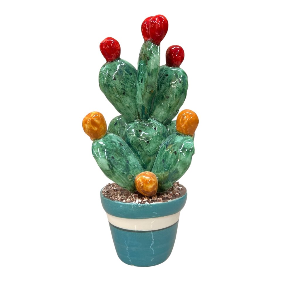 Pianta fico d’india in ceramica siciliana vaso celeste Produzione artigianale di Caltagirone h.17 cm