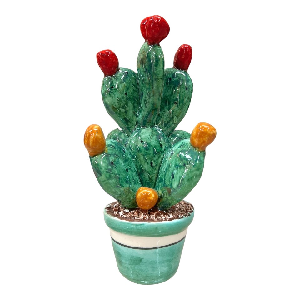 Pianta fico d’india in ceramica siciliana vaso verde acqua Produzione artigianale di Caltagirone h.17 cm