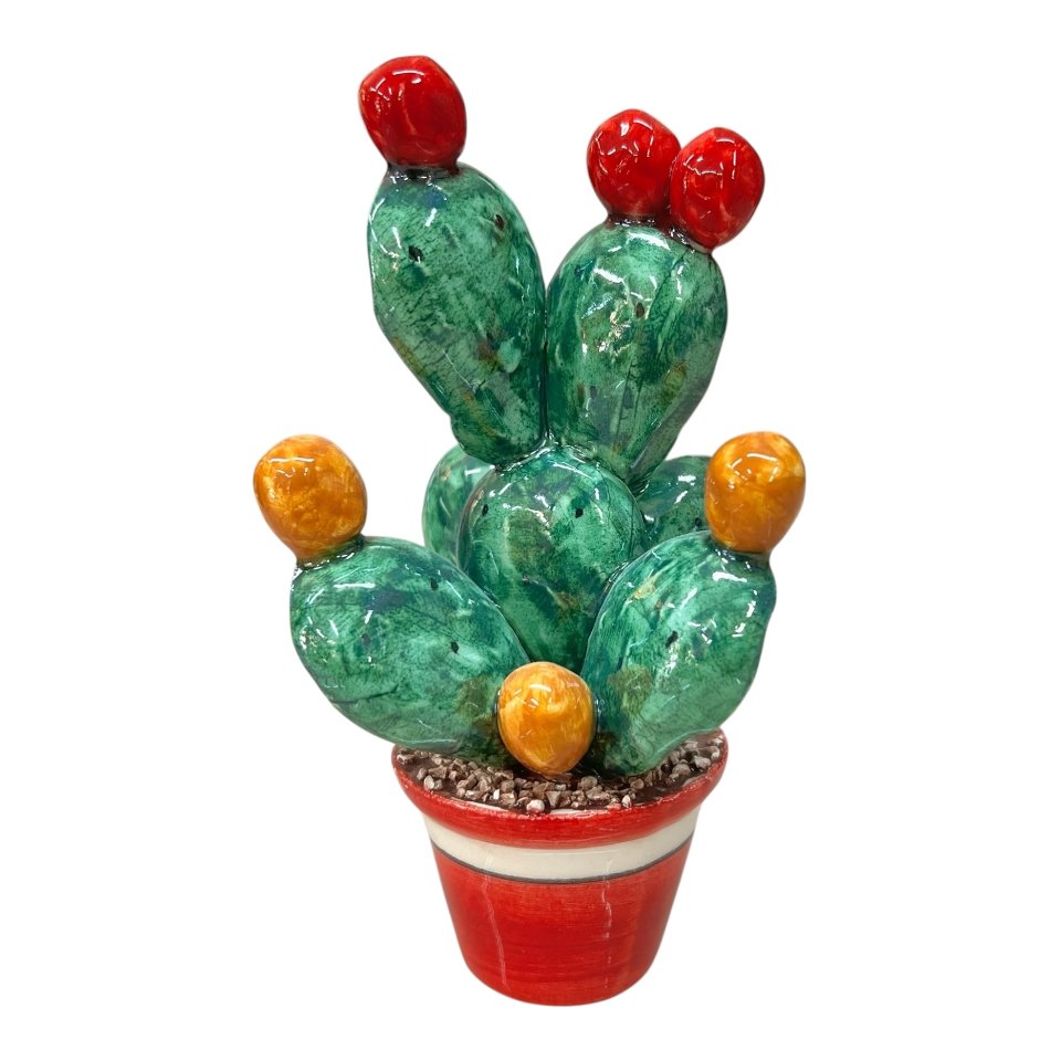 Pianta fico d’india in ceramica siciliana vaso rosso Produzione artigianale di Caltagirone h.12cm