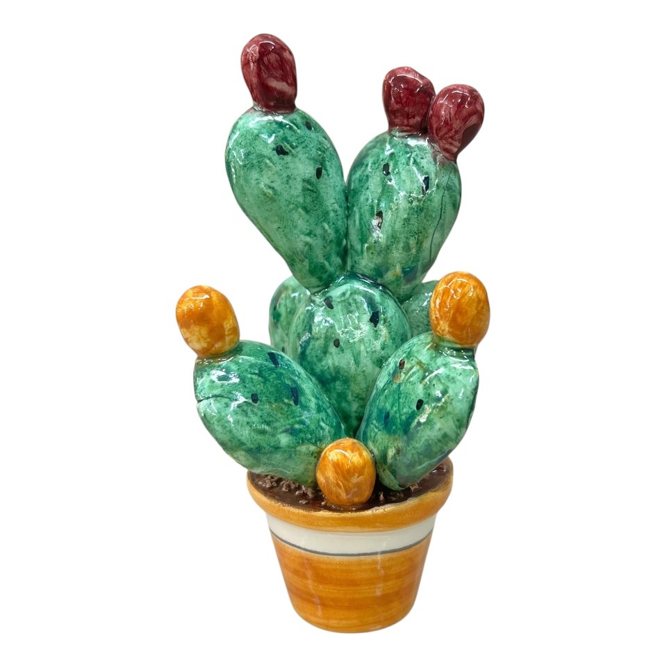 Pianta fico d’india in ceramica siciliana vaso giallo ocra Produzione artigianale di Caltagirone h.12cm