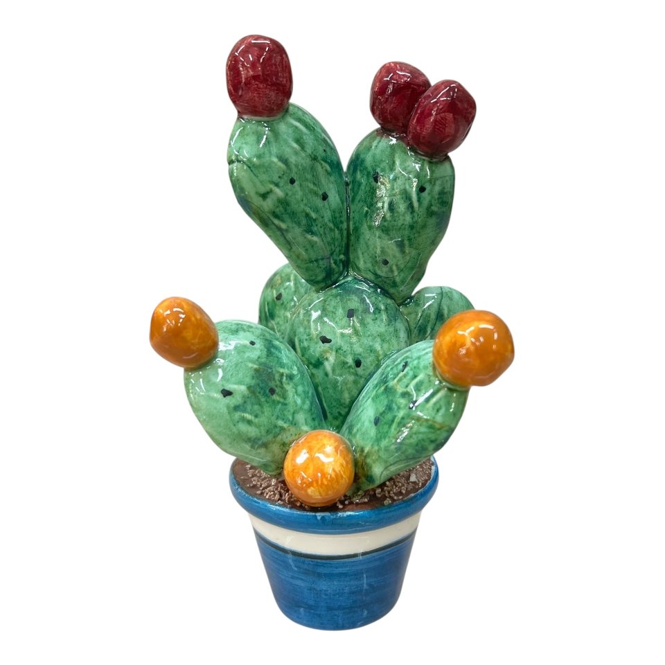 Pianta fico d’india in ceramica siciliana vaso blu Produzione artigianale di Caltagirone h.12cm