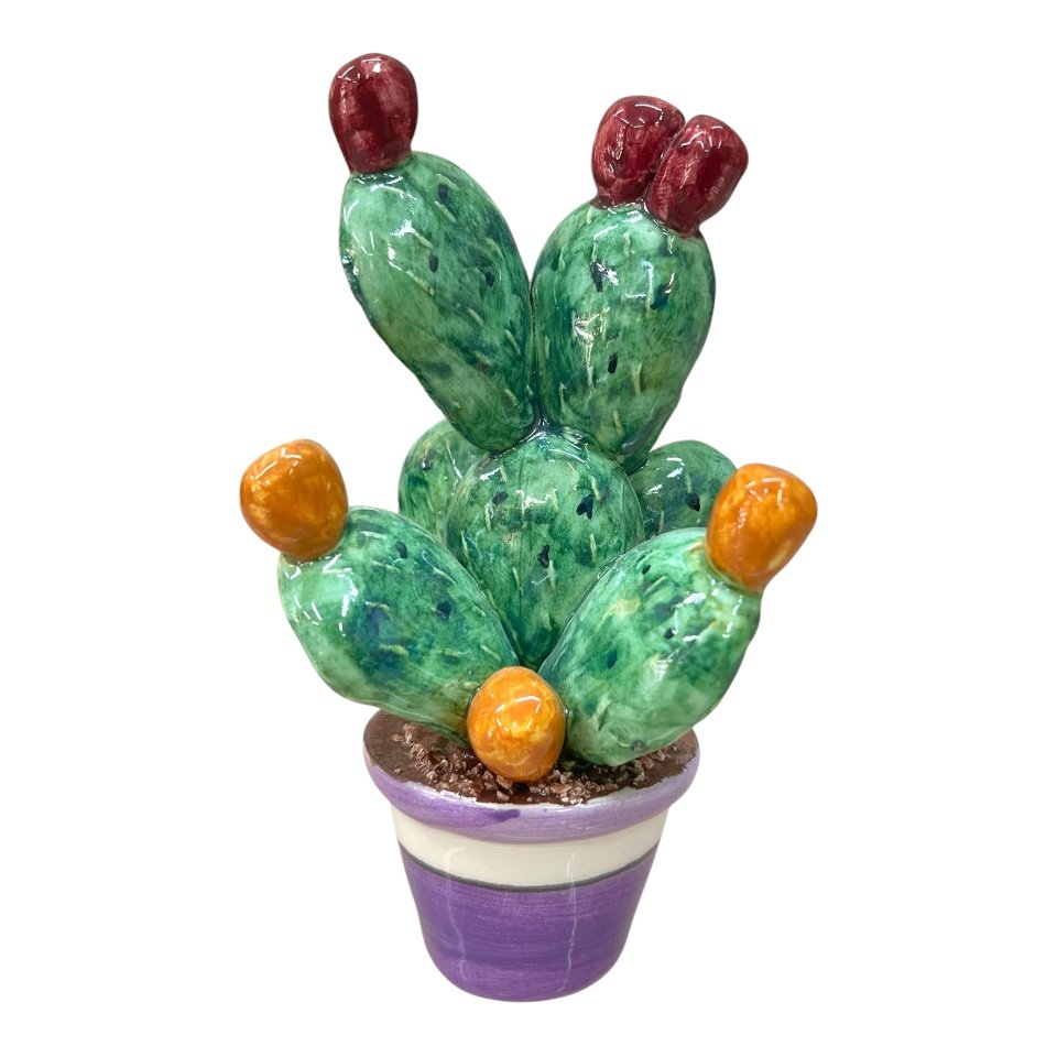 Pianta fico d’india in ceramica siciliana vaso viola Produzione artigianale di Caltagirone h.12cm