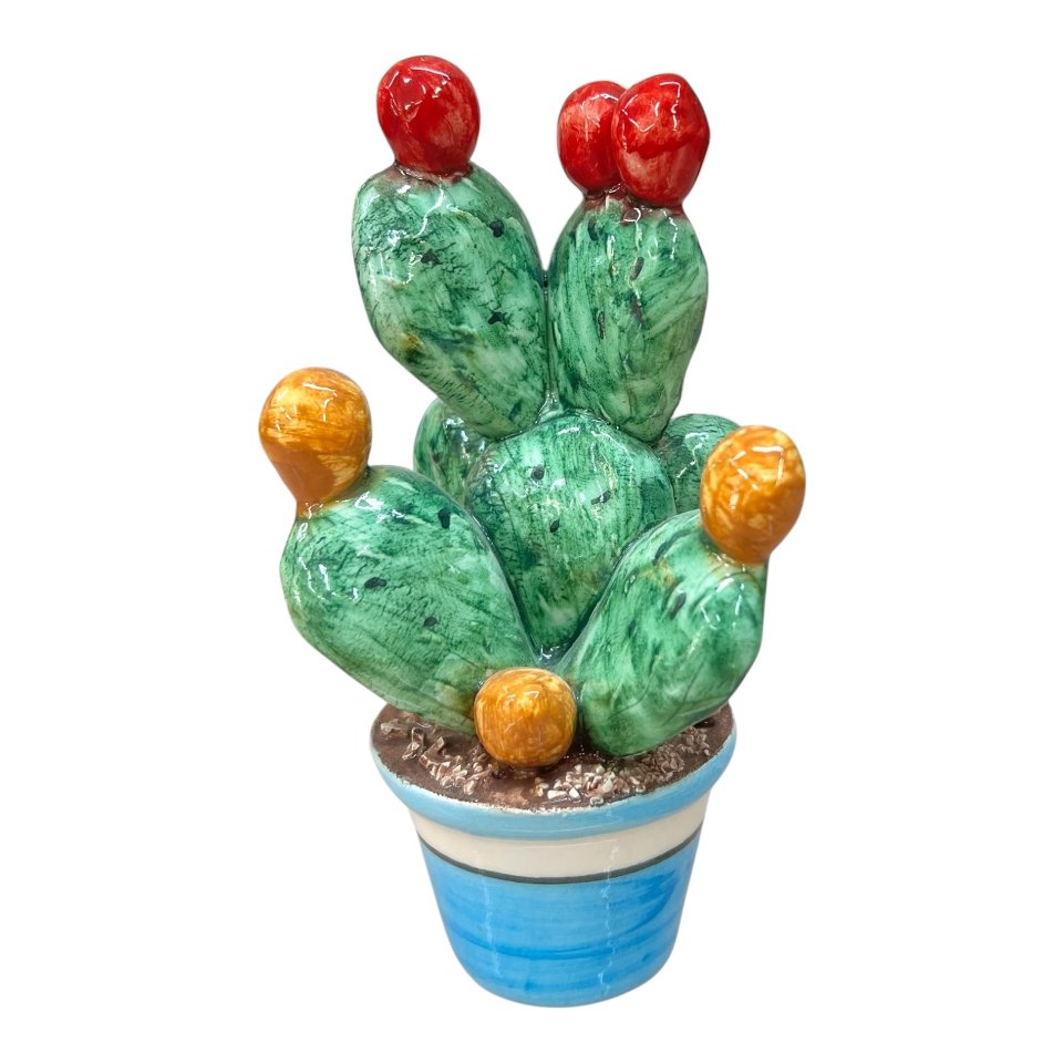 Pianta fico d’india in ceramica siciliana vaso celeste Produzione artigianale di Caltagirone h.12cm