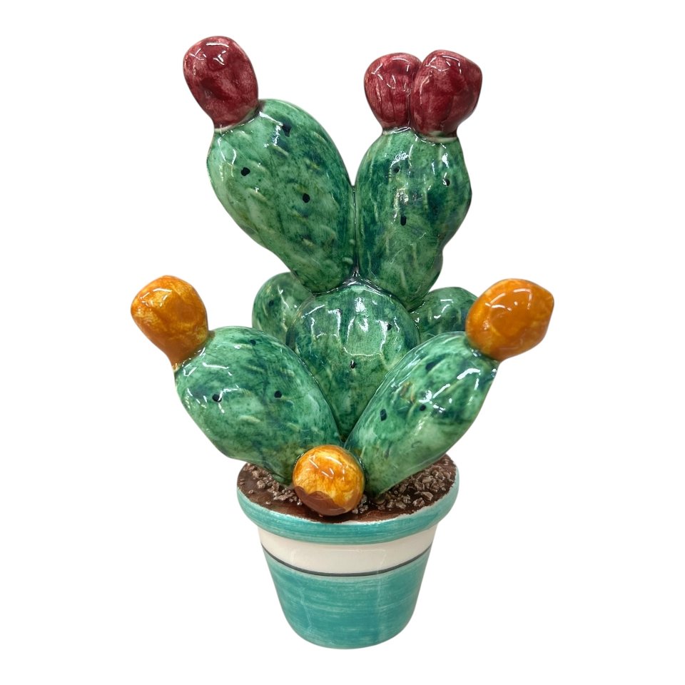 Pianta fico d’india in ceramica siciliana vaso verde acqua Produzione artigianale di Caltagirone h.12cm