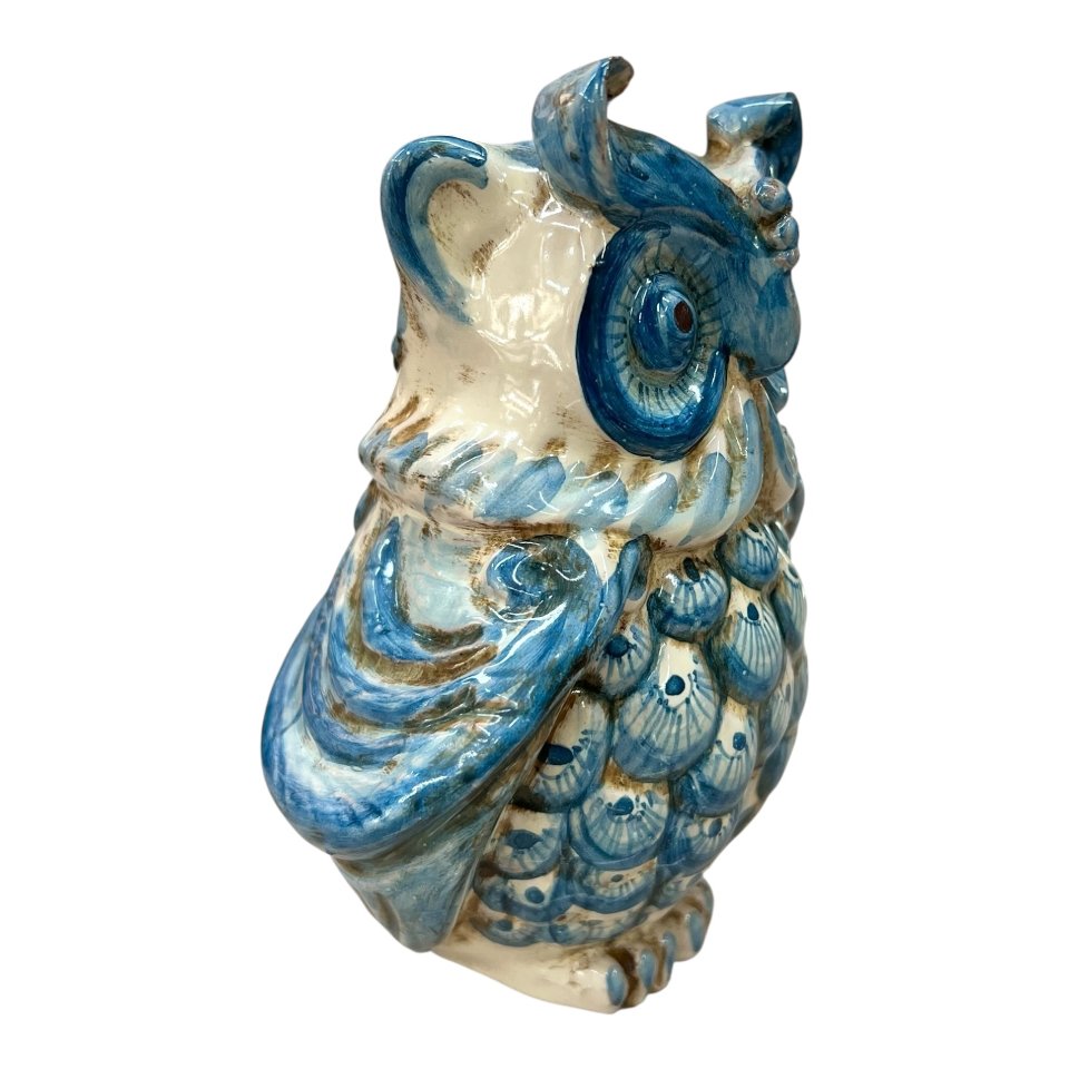 Civetta ornamentale in ceramica siciliana decoro blu antico Produzione artigianale di Caltagirone h.15cm