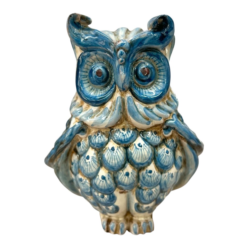 Civetta ornamentale in ceramica siciliana decoro blu antico Produzione artigianale di Caltagirone h.15cm