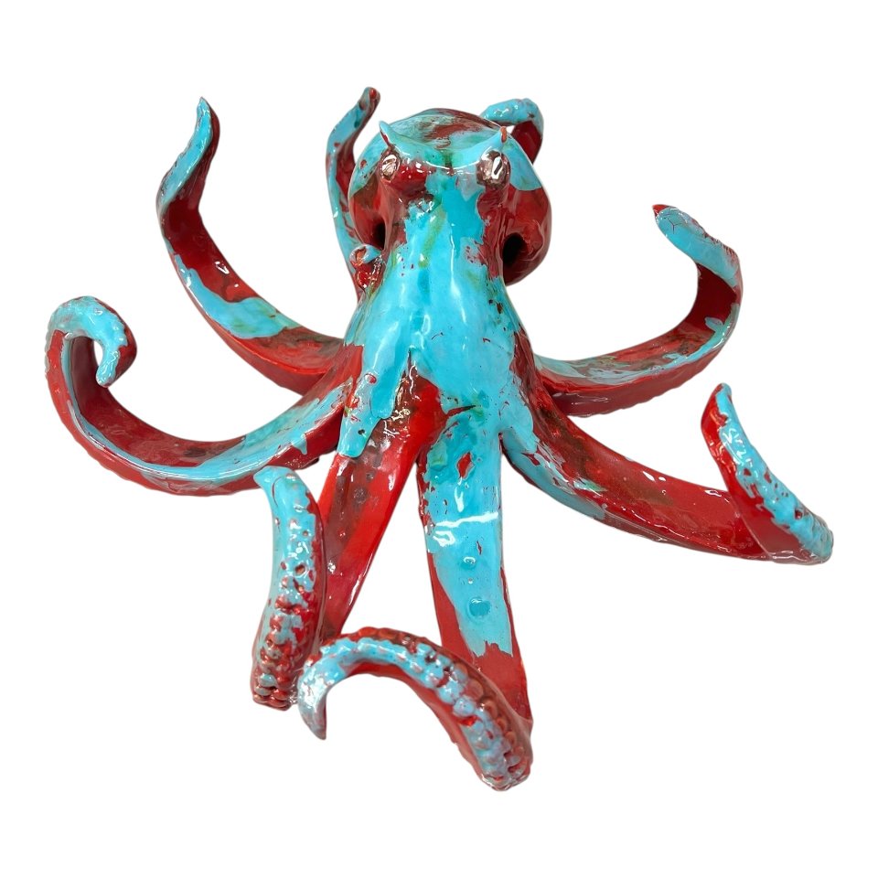 Scultura polpo in ceramica siciliana decoro rosso e celeste Produzione artigianale di Palermo Lunghezza 35cm