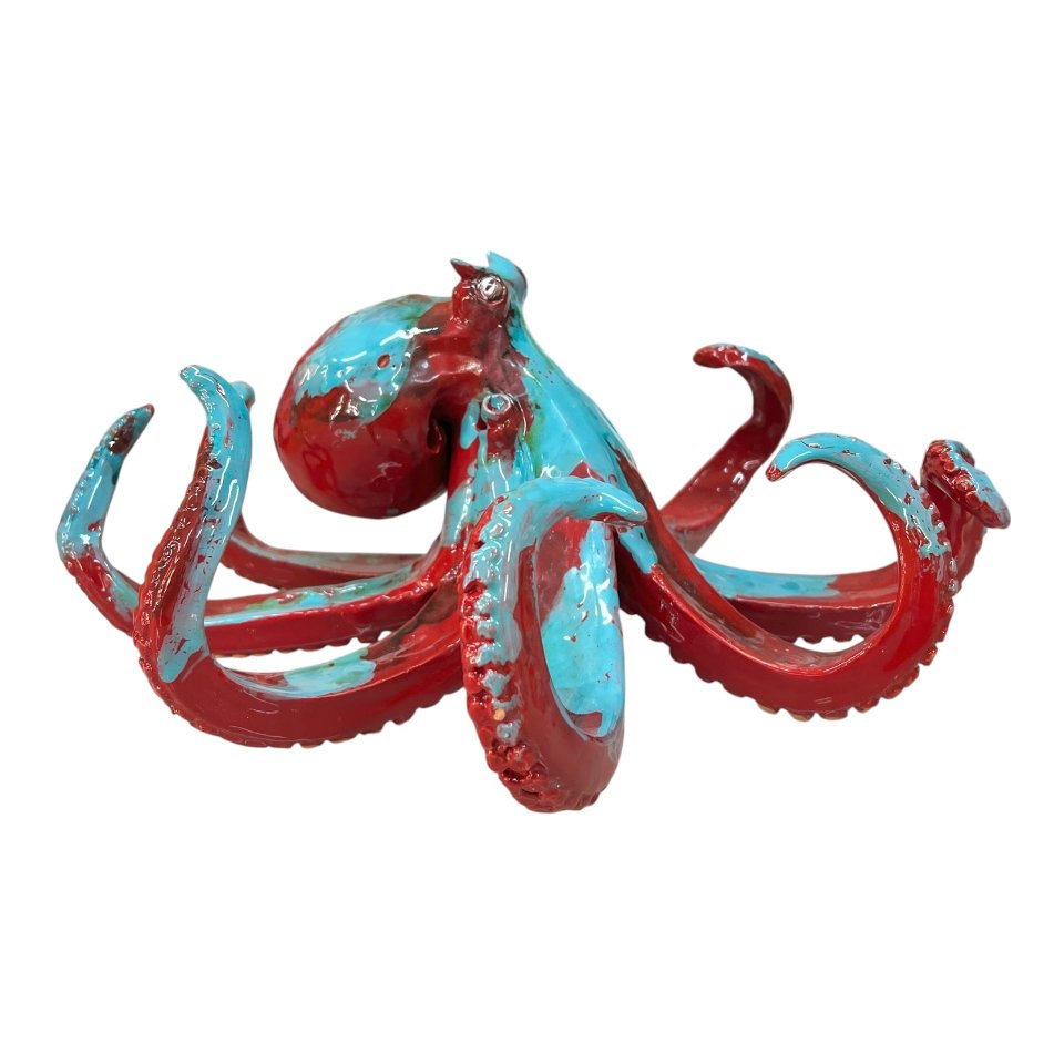 Scultura polpo in ceramica siciliana decoro rosso e celeste Produzione artigianale di Palermo Lunghezza 35cm