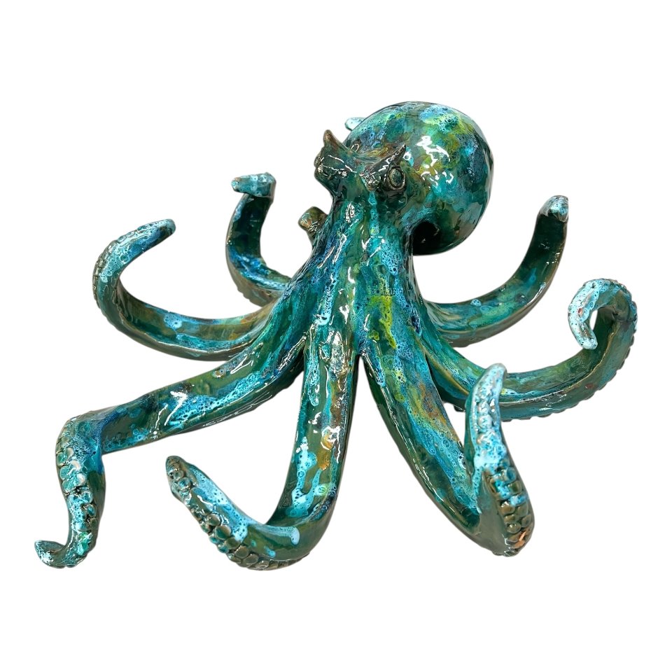 Scultura polpo in ceramica siciliana decoro verde effetto marmo Produzione artigianale di Palermo Lunghezza 35cm