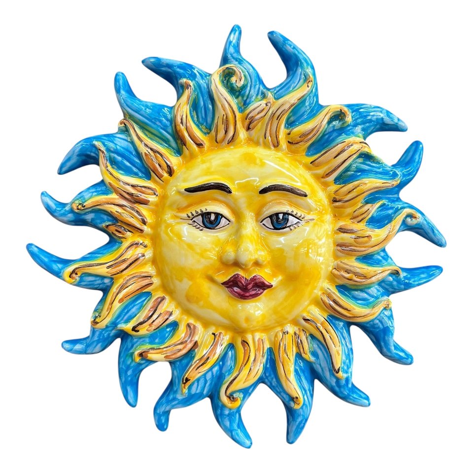 Sole ornamentale da parete in ceramica siciliana decoro celeste Produzione artigianale di Santo Stefano di Camastra Diametro 30cm