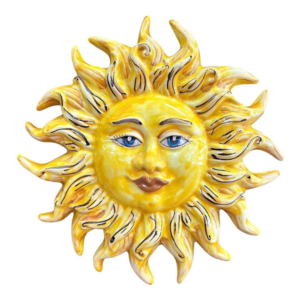 Sole ornamentale da parete in ceramica siciliana decoro giallo Produzione artigianale di Santo Stefano di Camastra Diametro 30cm