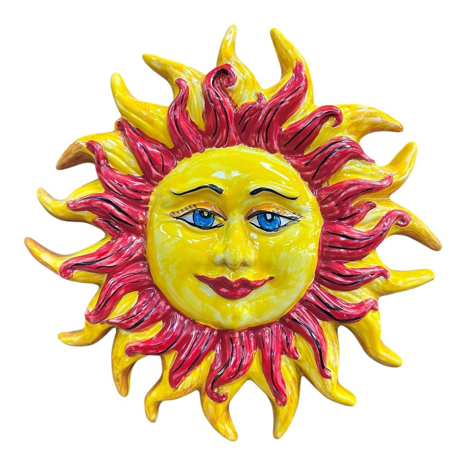 Sole ornamentale da parete in ceramica siciliana decoro rosso fuoco Produzione artigianale di Santo Stefano di Camastra Diametro 30cm