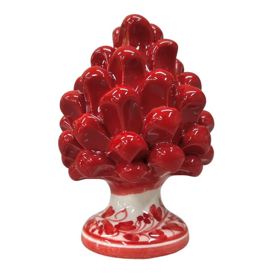 Pigna ornamentale siciliana rossa in ceramica con base decorata Produzione artigianale di Caltagirone h.12cm