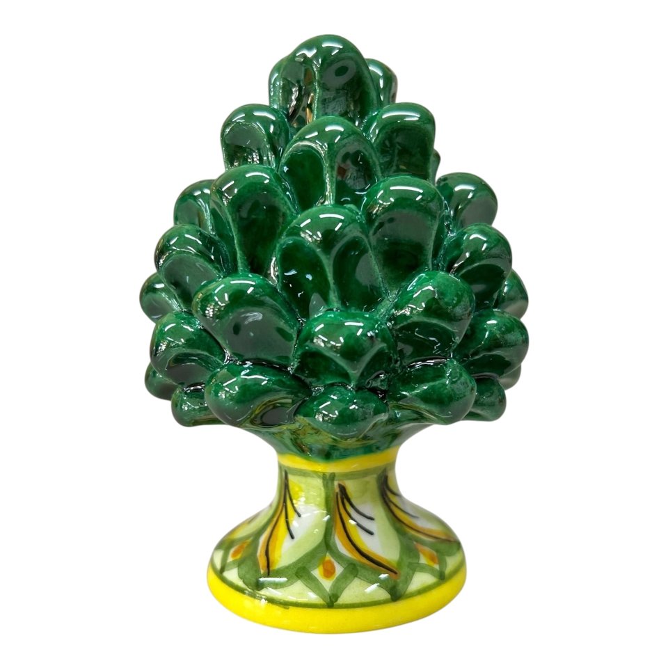 Pigna siciliana verde smeraldo con base decorata coda di pavone in ceramica siciliana Produzione artigianale di Caltagirone h.12cm
