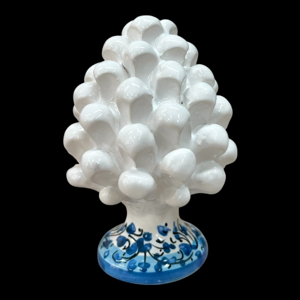Pigna siciliana in ceramica bianca con base decorata azzurra Produzione artigianale di Caltagirone h.12cm