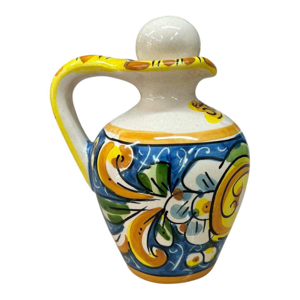 Oliera con manico in ceramica siciliana decoro limoni fondo blu Produzione artigianale di Caltagirone h.13cm