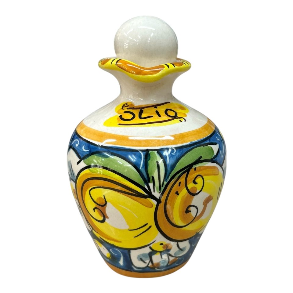 Oliera con manico in ceramica siciliana decoro limoni fondo blu Produzione artigianale di Caltagirone h.13cm
