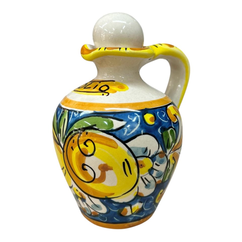 Oliera con manico in ceramica siciliana decoro limoni fondo blu Produzione artigianale di Caltagirone h.13cm