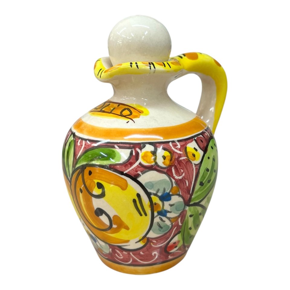 Oliera con manico in ceramica siciliana decoro limoni e fichi d’india fondo bordeaux Produzione artigianale di Caltagirone h.13cm