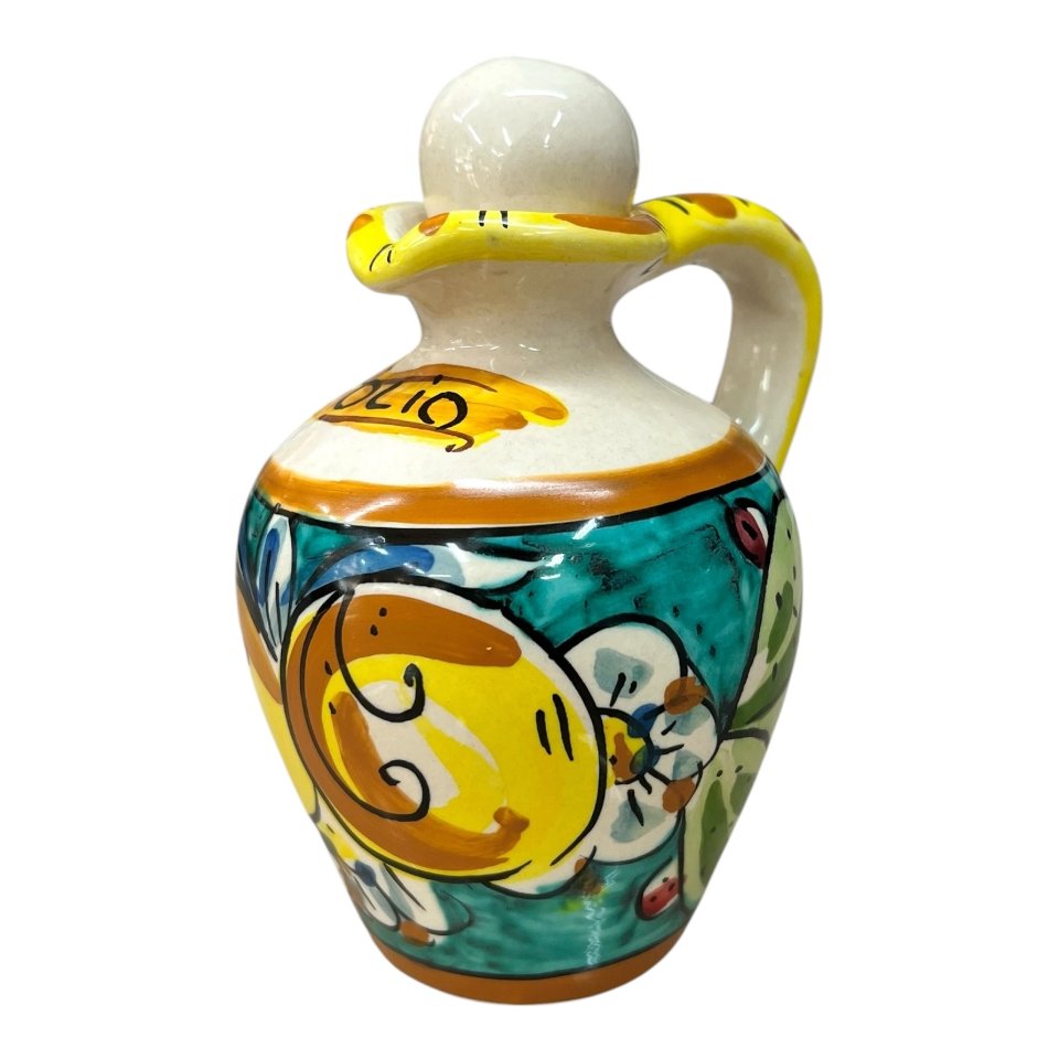 Oliera con manico in ceramica siciliana decoro limoni e fichi d’india fondo verde Produzione artigianale di Caltagirone h.13cm