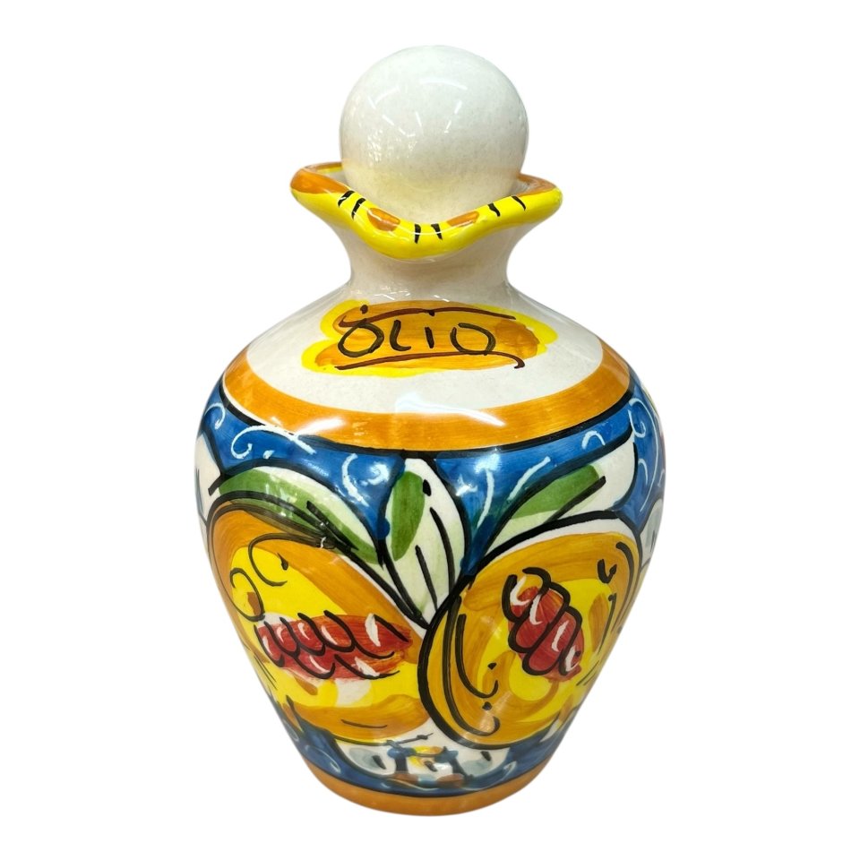 Oliera con manico in ceramica siciliana decoro melograno e fichi d’india fondo blu Produzione artigianale di Caltagirone h.13cm