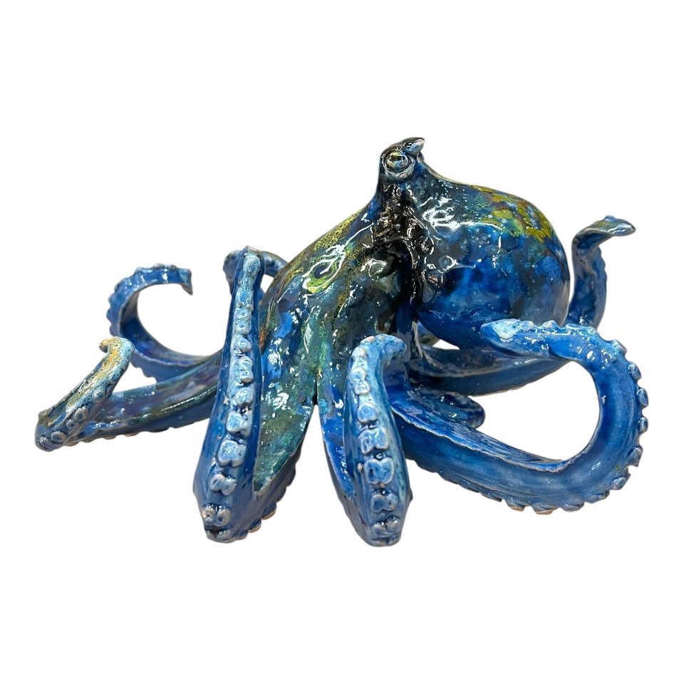 Polpo ornamentale in ceramica siciliana decoro blu marino e giallo Produzione artigianale di Palermo Lunghezza 25cm
