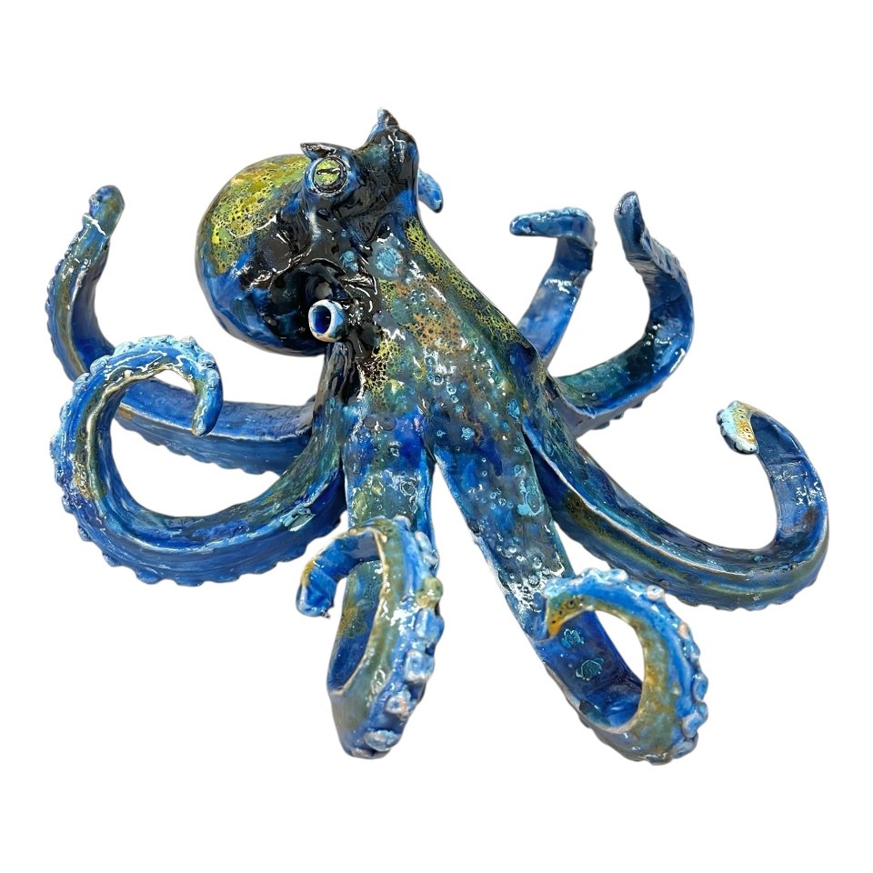 Polpo ornamentale in ceramica siciliana decoro blu marino e giallo Produzione artigianale di Palermo Lunghezza 25cm