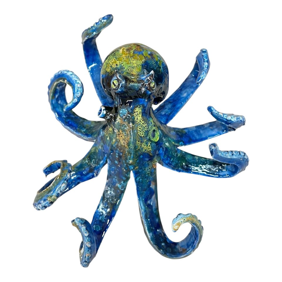Polpo ornamentale in ceramica siciliana decoro blu marino e giallo Produzione artigianale di Palermo Lunghezza 25cm