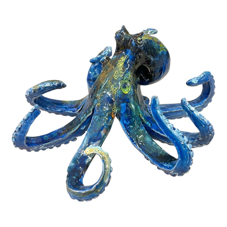 Polpo ornamentale in ceramica siciliana decoro blu marino e giallo Produzione artigianale di Palermo Lunghezza 25cm