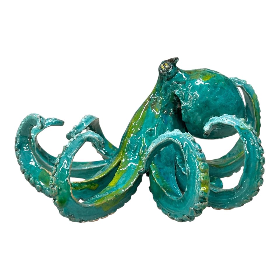 Polpo ornamentale in ceramica siciliana decoro verde acqua Produzione artigianale di Palermo Lunghezza 25cm