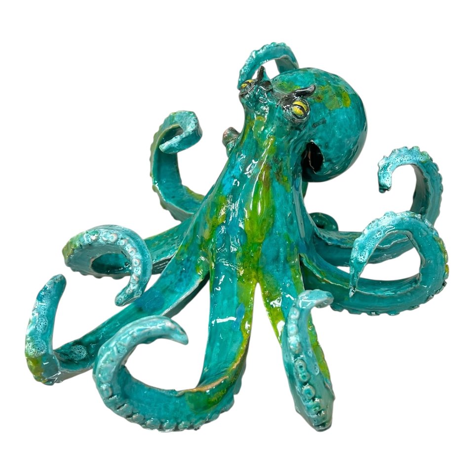 Polpo ornamentale in ceramica siciliana decoro verde acqua Produzione artigianale di Palermo Lunghezza 25cm