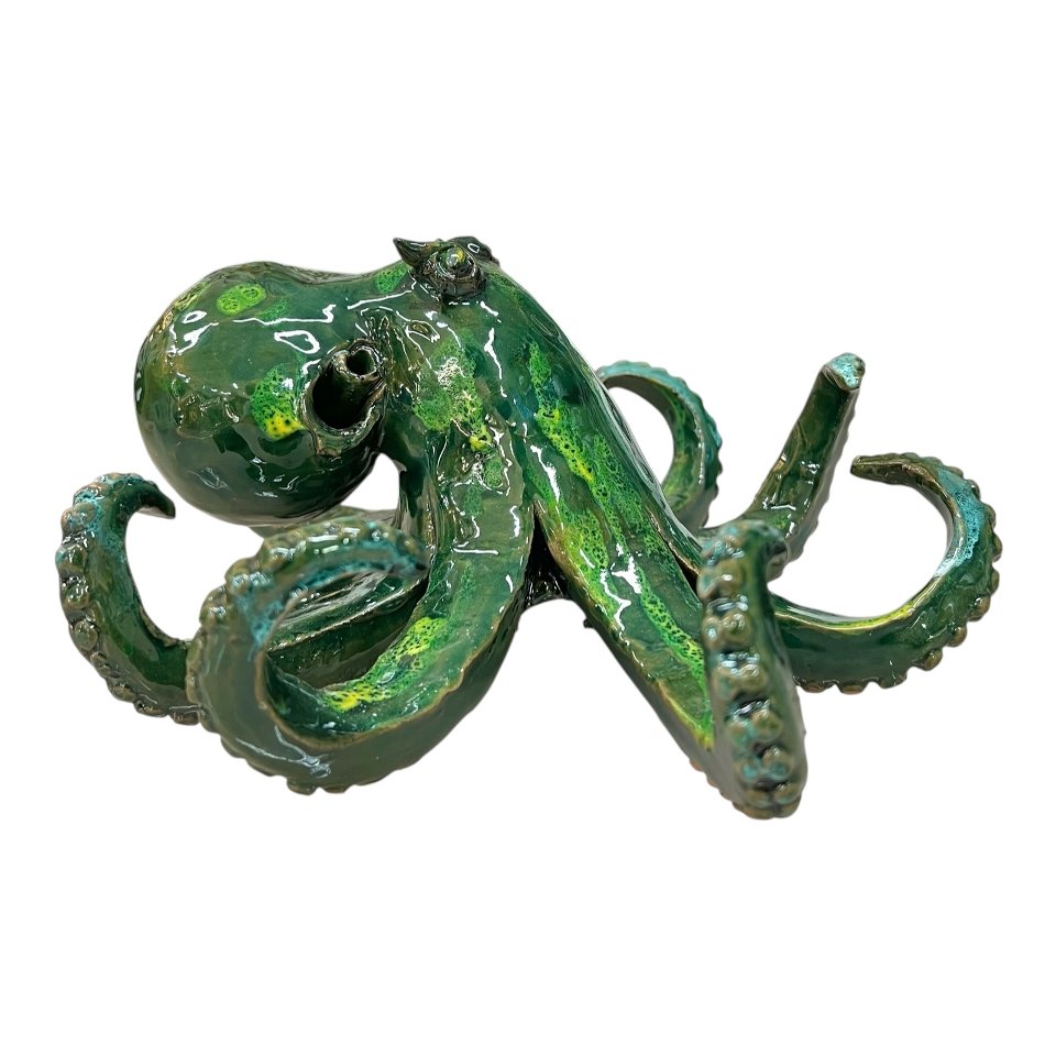 Polpo ornamentale in ceramica siciliana decoro verde smeraldo Produzione artigianale di Palermo Lunghezza 25cm